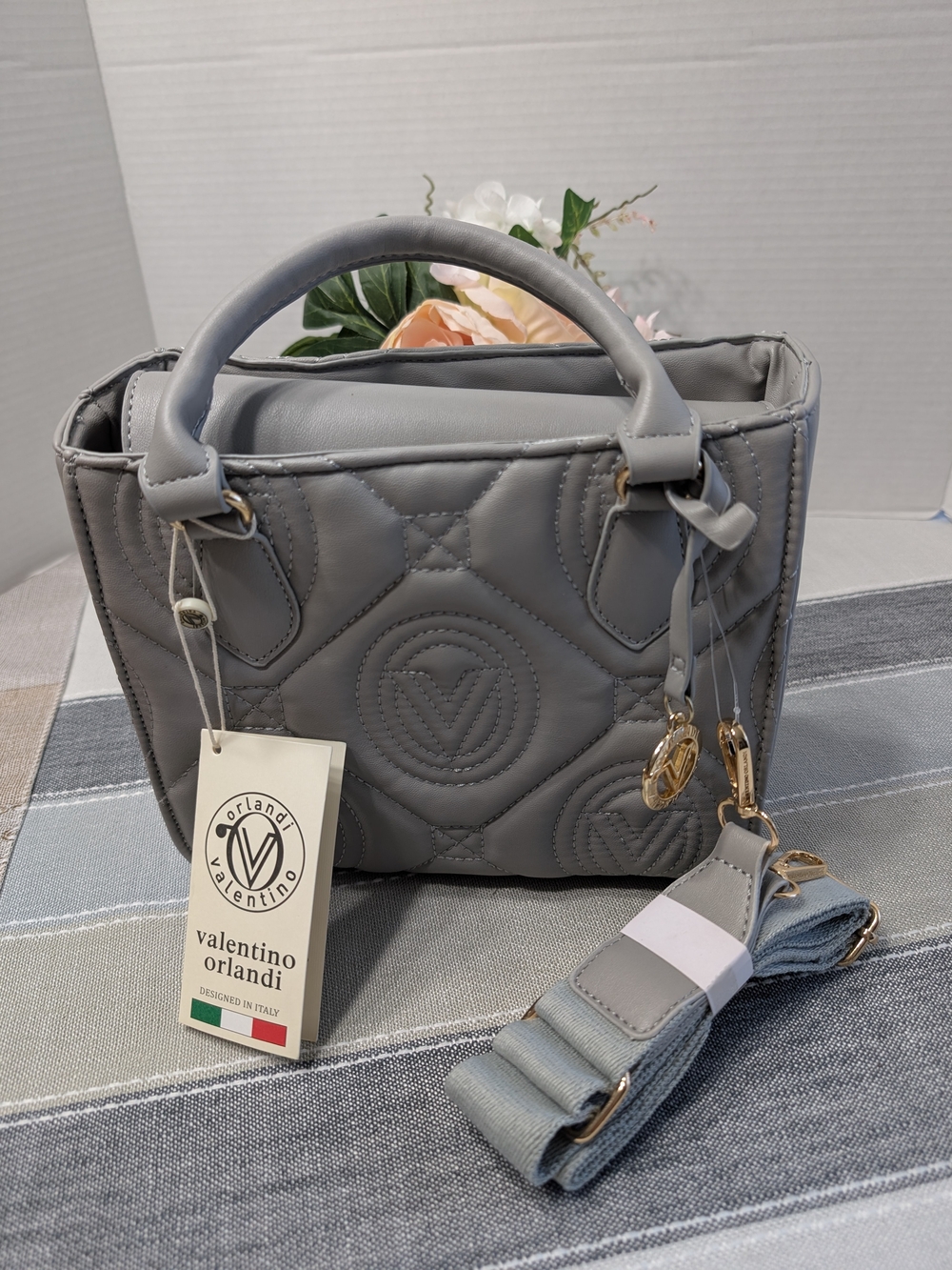 Valentino Orlandi Gray Quilted Satchel w/ Gold Hardware
